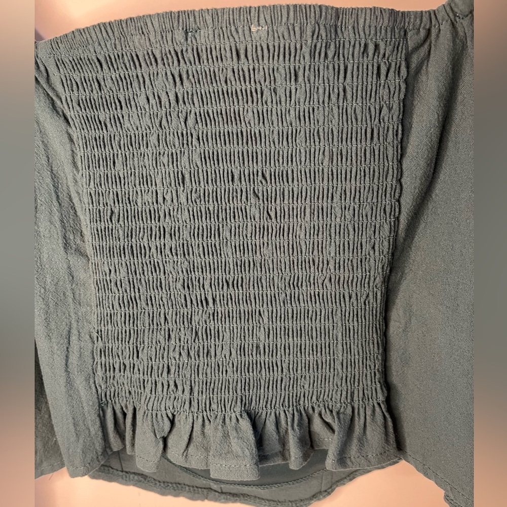 Kirious Long Sleeve 100% Textured Washed Cotton Crop Top - Teal - Picture 6 of 10